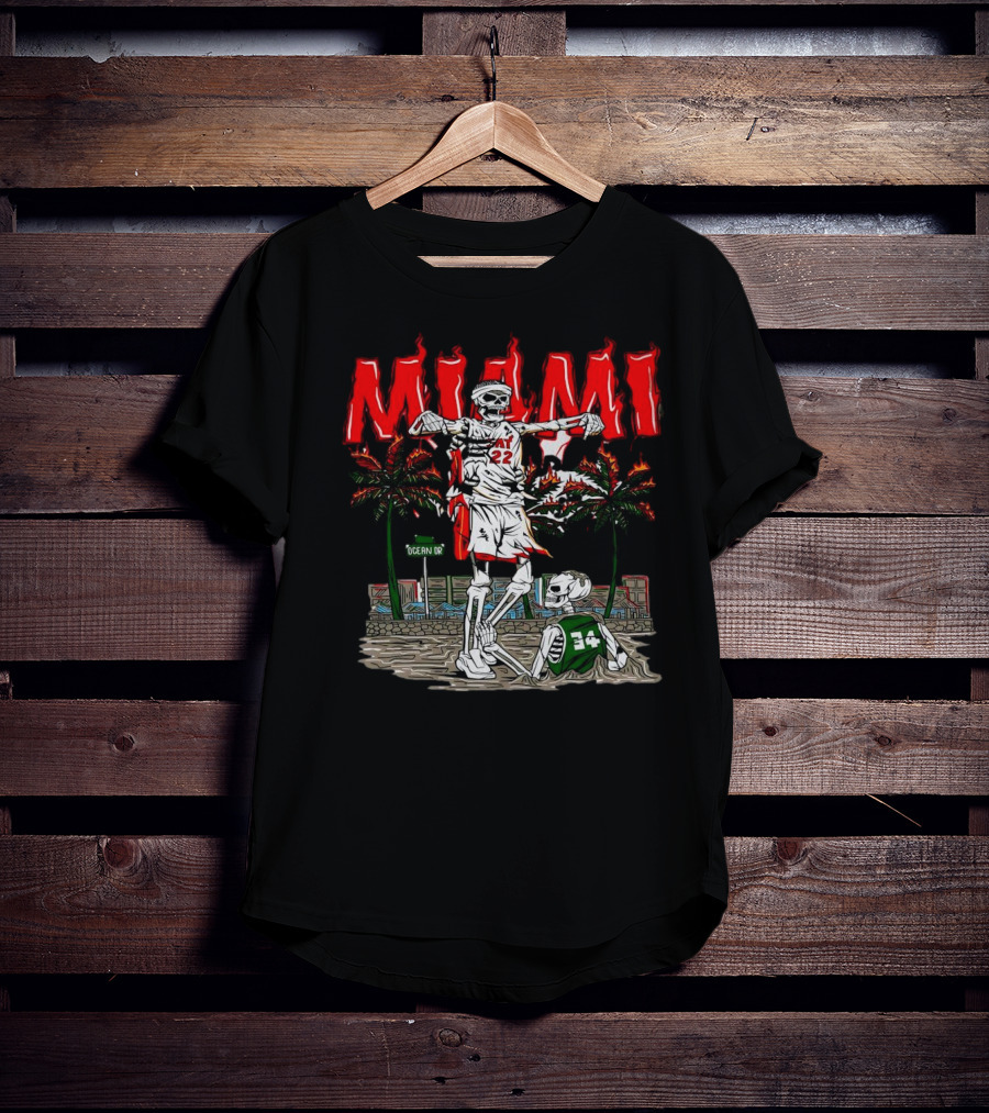 Miami Heat Skeleton Celebrating Over Boston Celtics On Ocean Drive T-Shirt