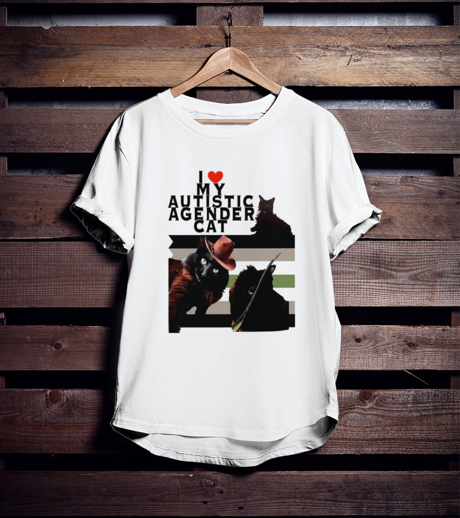 I Love My Autistic Agender Cat With Black Cats On Agender Pride Stripes T-Shirt
