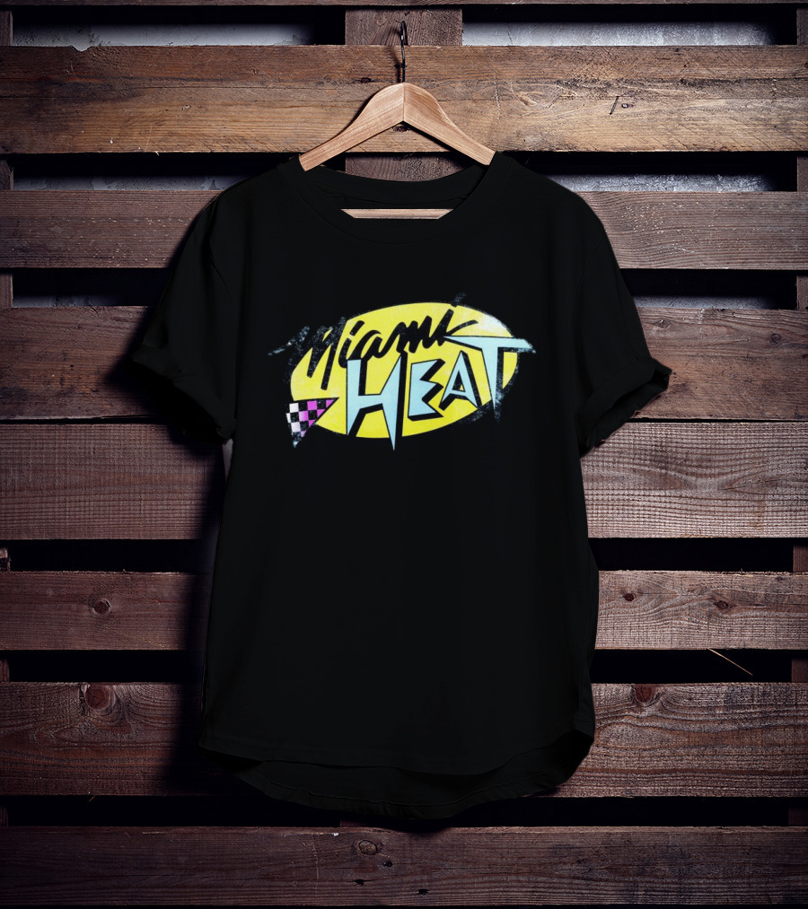 Miami Heat Retro 90s Style Logo With Neon Colors And Checkered Triangle T-Shirt