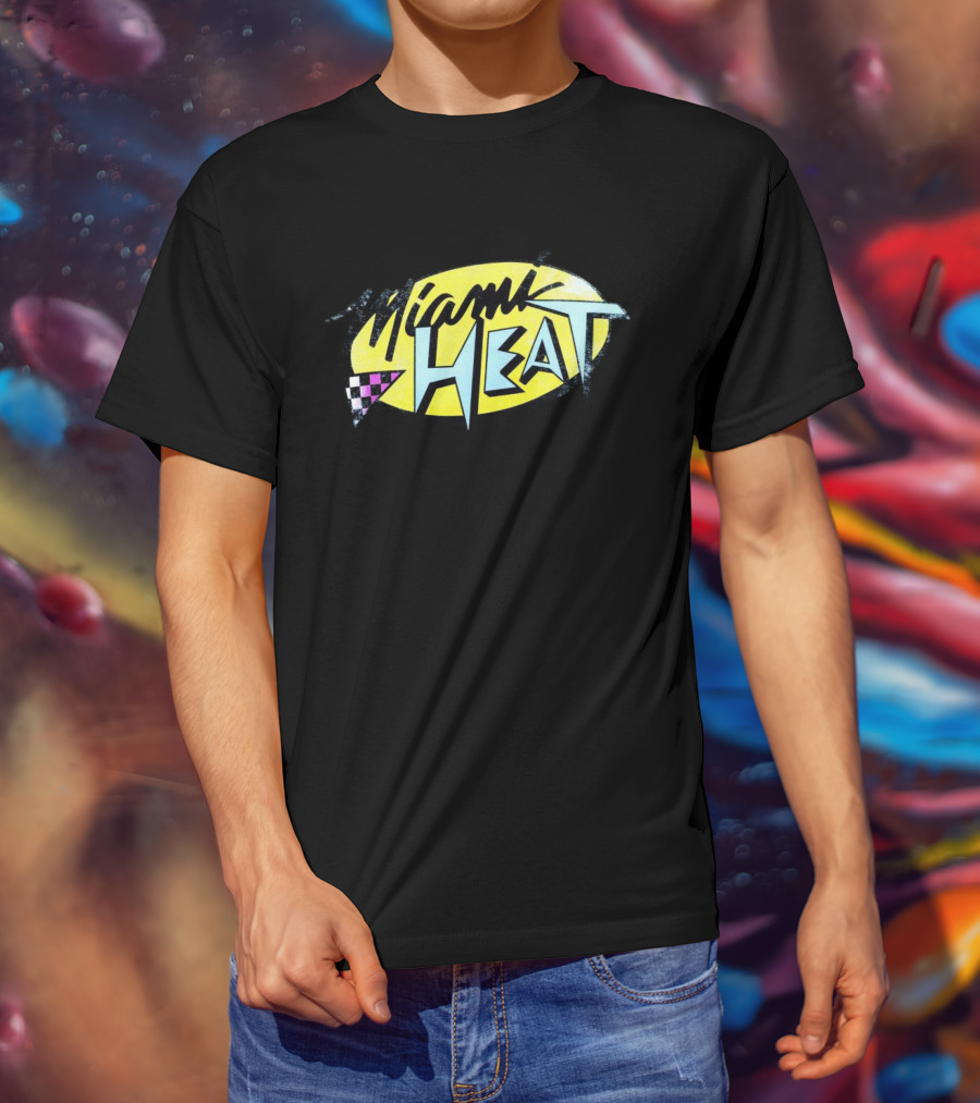 Miami Heat Retro 90s Style Logo With Neon Colors And Checkered Triangle T-Shirt