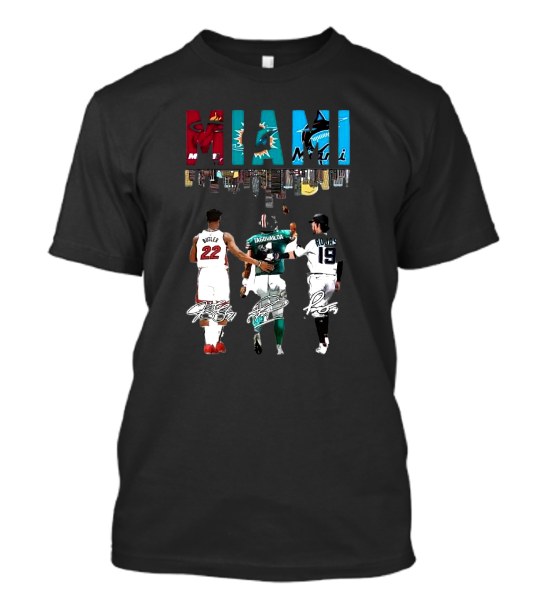 Miami Heat Dolphins Marlins Butler Tagovailoa Rojas Signatures T-Shirt