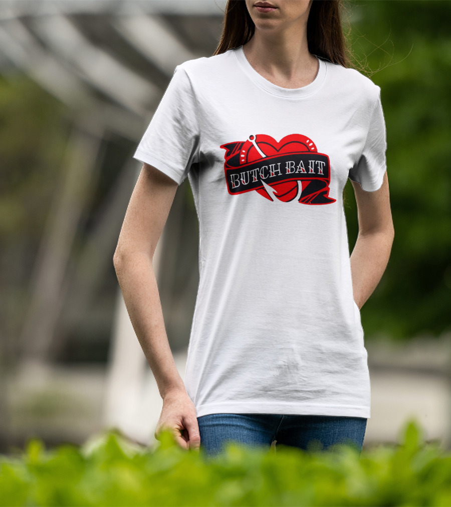 Butch Bait Heart With Fishing Hook Banner T-Shirt