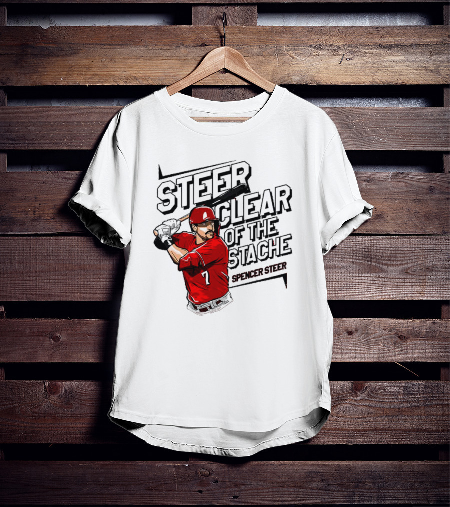 Spencer Steer Clear Of The Stache Baseball Player Illustration With Red Jersey And Bat T-Shirt