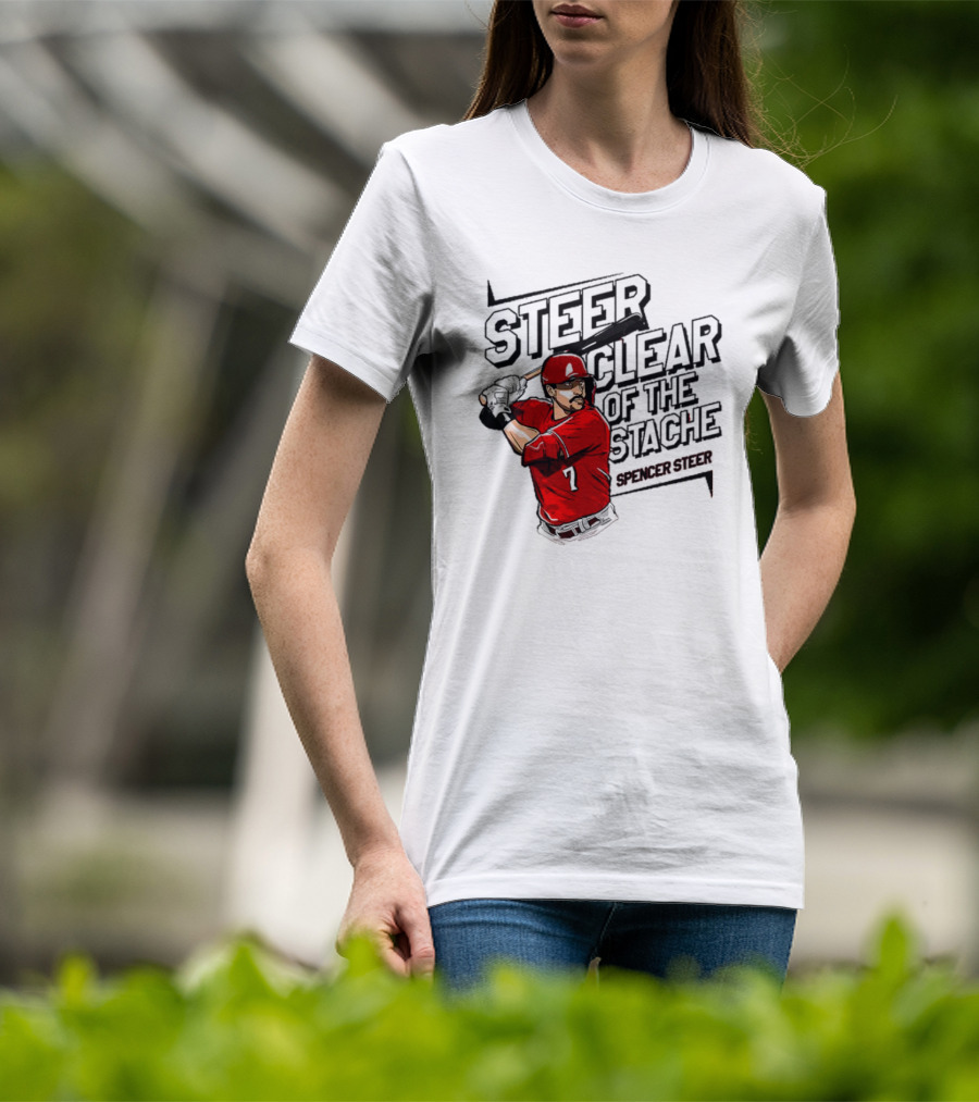 Spencer Steer Clear Of The Stache Baseball Player Illustration With Red Jersey And Bat T-Shirt