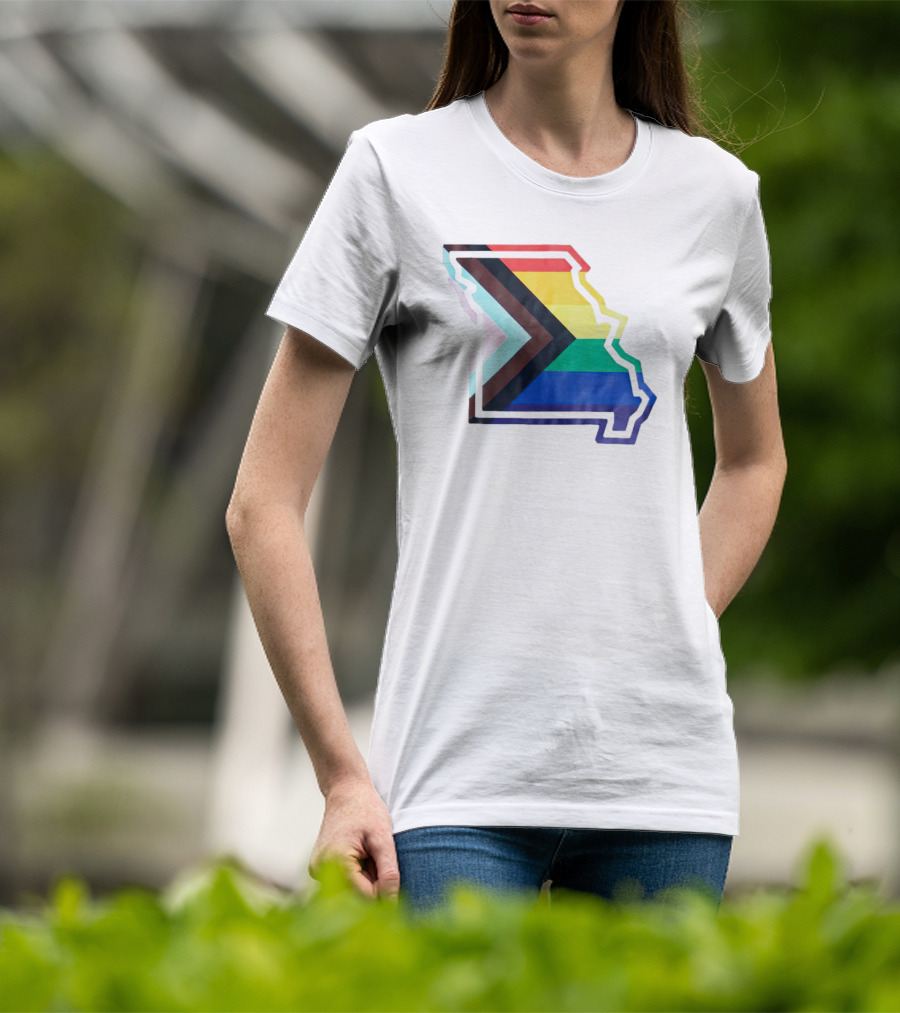 Missouri State Outline With Progress Pride Flag Colors T-Shirt