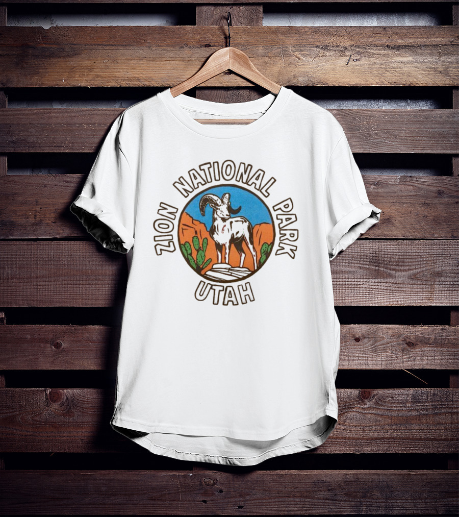 Zion National Park Utah Desert Scene With Bighorn Sheep And Cactus T-Shirt