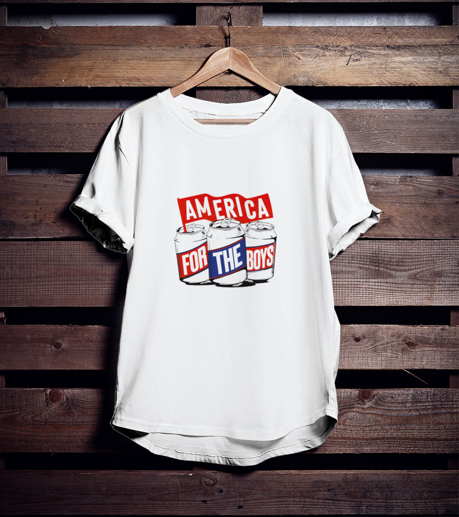 America For The Boys Beer Cans Red And Blue Text T-Shirt