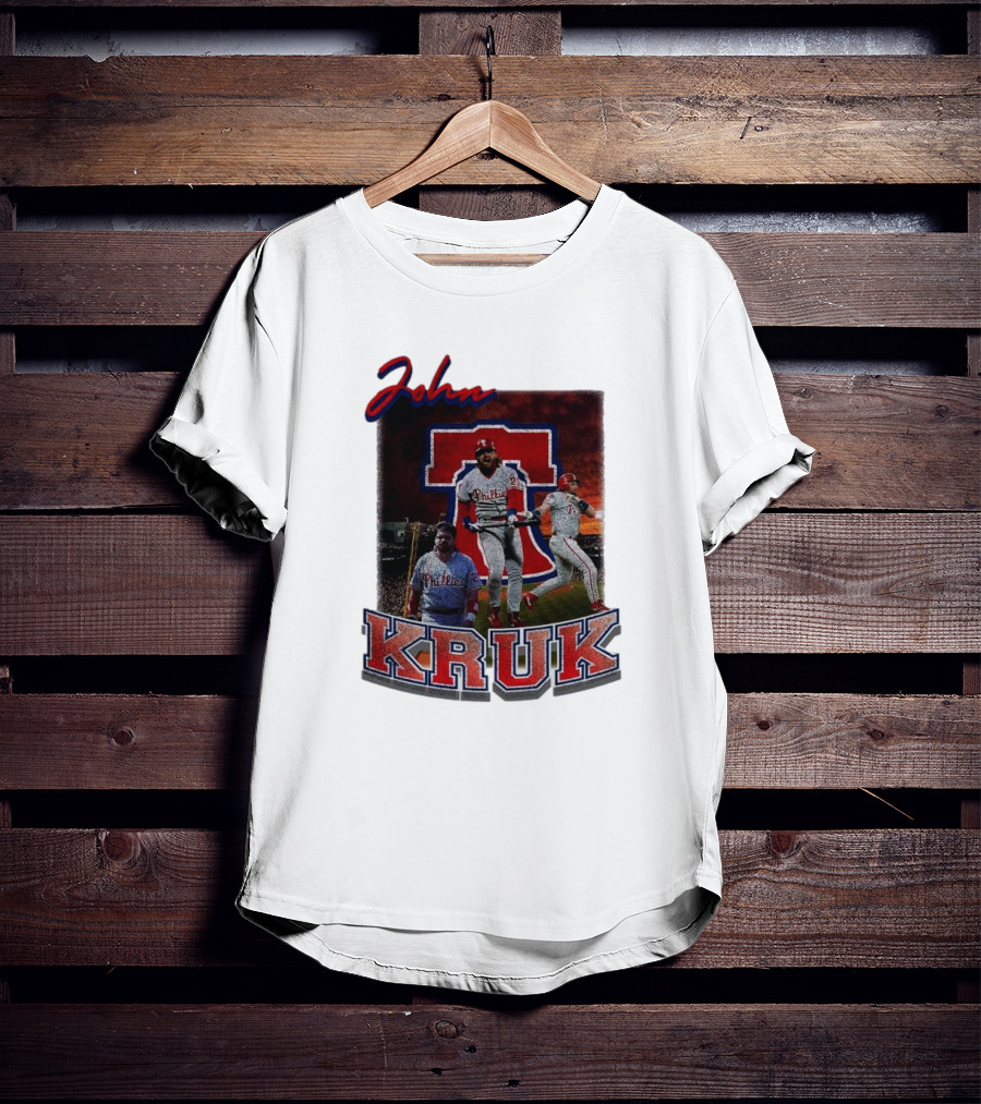 John Kruk Phillies Baseball Player Retro Style Red Blue Text T-Shirt