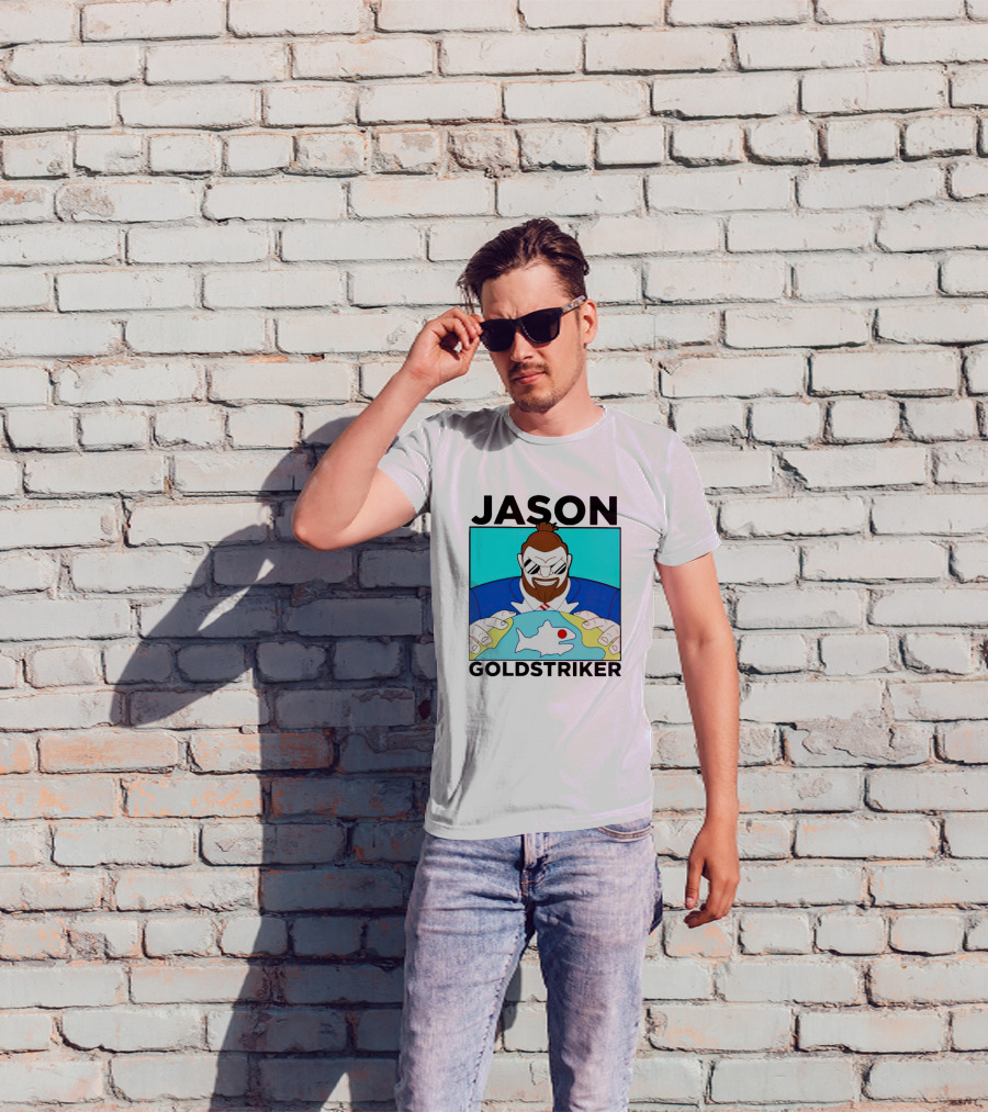 JASON GOLDSTRIKER Bold Character Holding Map With Red Marker T-Shirt