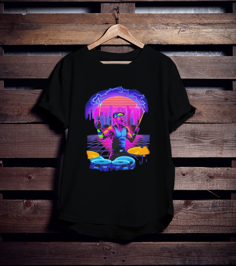 Drumatron Neon City Electric Drummer In Retro Futuristic Skyline T-Shirt