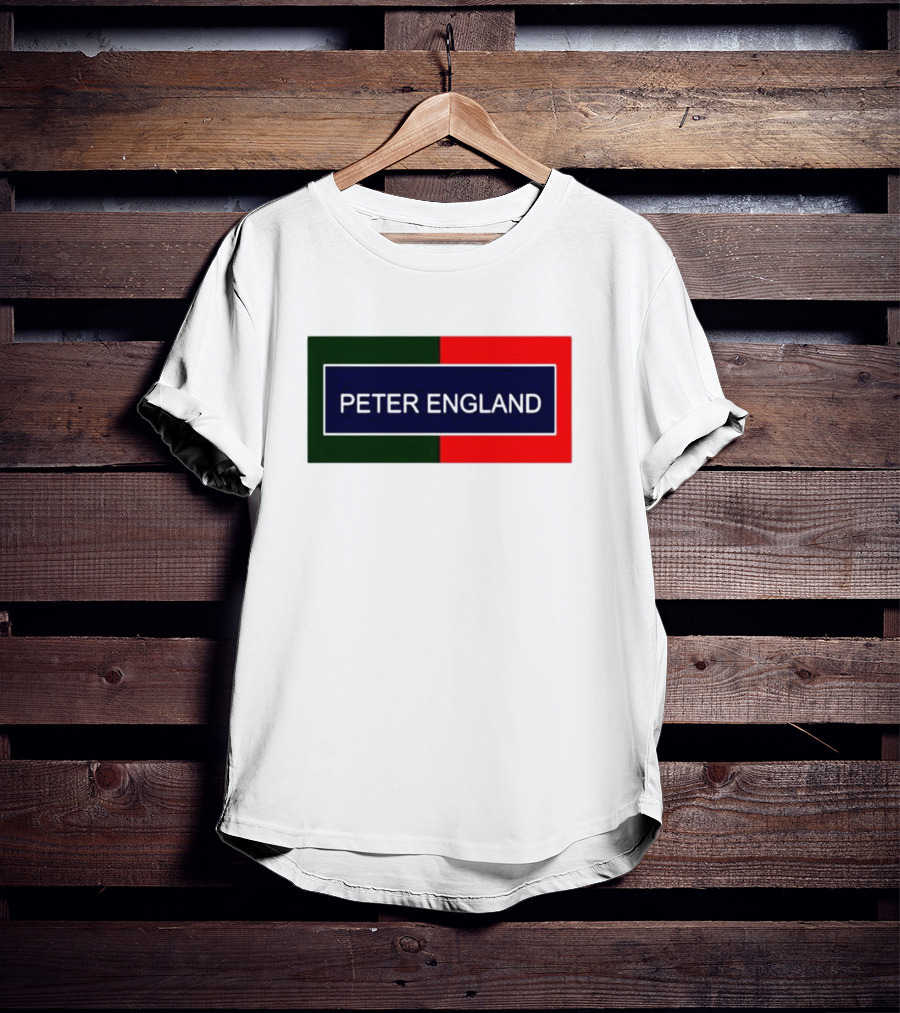 PETER ENGLAND Black Background Rectangular Logo With Green And Red Blocks T-Shirt
