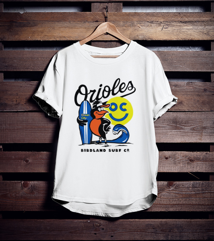 Orioles Ocean City Birdland Surf Co Smiley Surfboard Wave T-Shirt