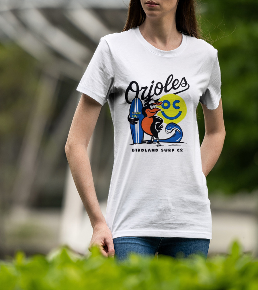 Orioles Ocean City Birdland Surf Co Smiley Surfboard Wave T-Shirt