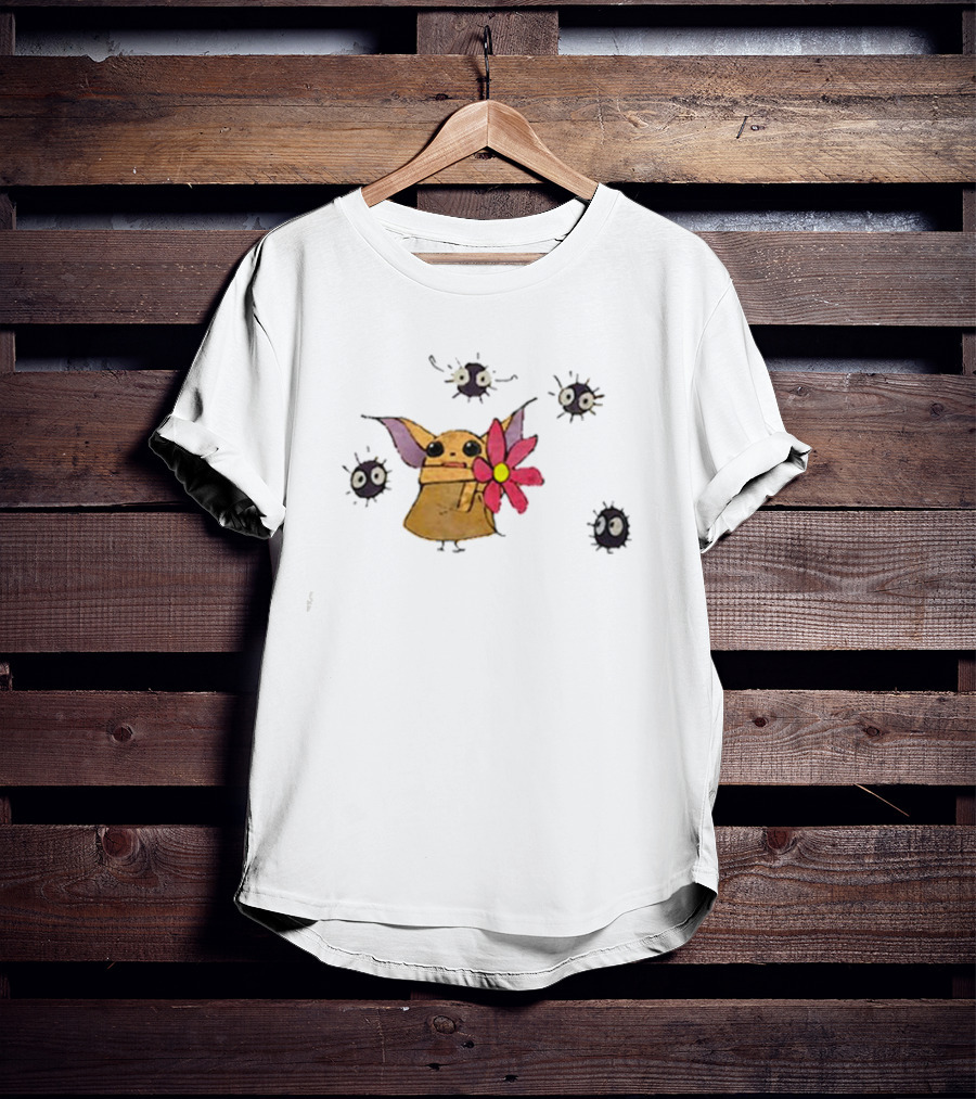 Star Wars Baby Yoda With Flower And Ghibli Soot Sprites T-Shirt