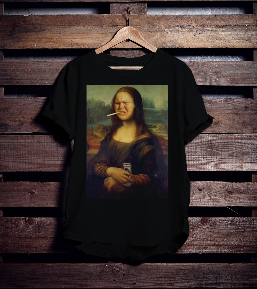 Tammy Mona Lisa Smoking Cigarette Holding Beer Can T-Shirt