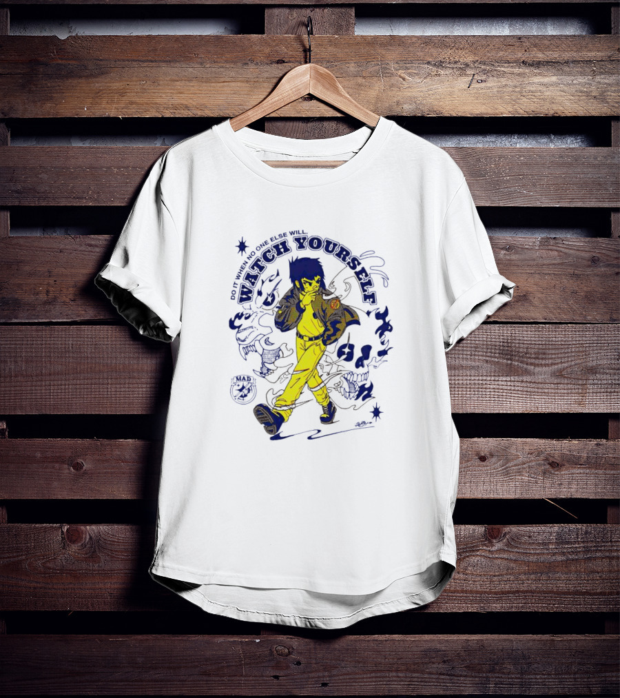 Watch Yourself Do It When No One Else Will Retro Style Blue And Yellow Walking Character T-Shirt