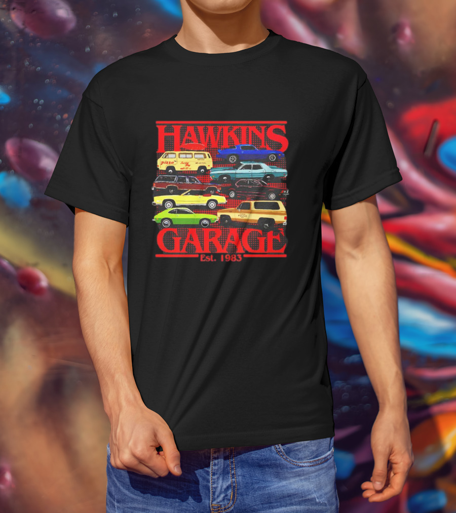 Hawkins Garage Stranger Things Vintage Cars Pizza Van Est. 1983 T-Shirt