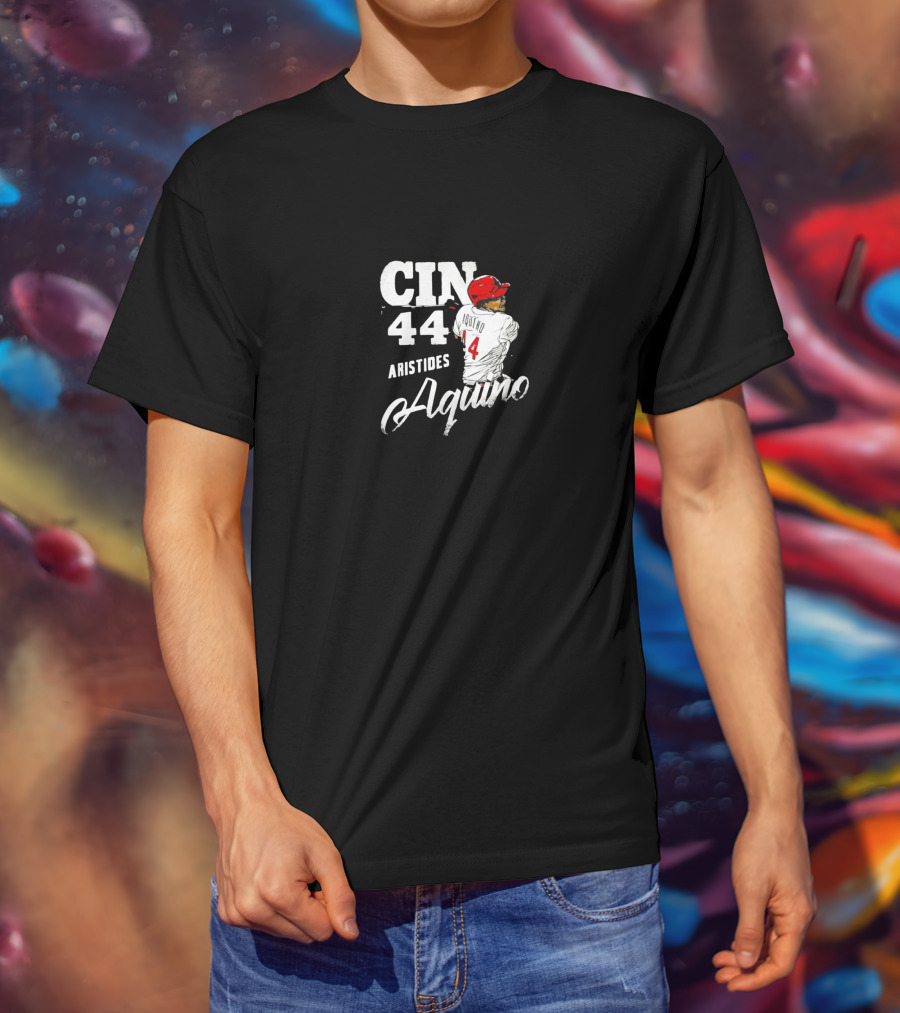 CIN 44 Aristides Aquino Cincinnati Reds Baseball Action Pose T-Shirt