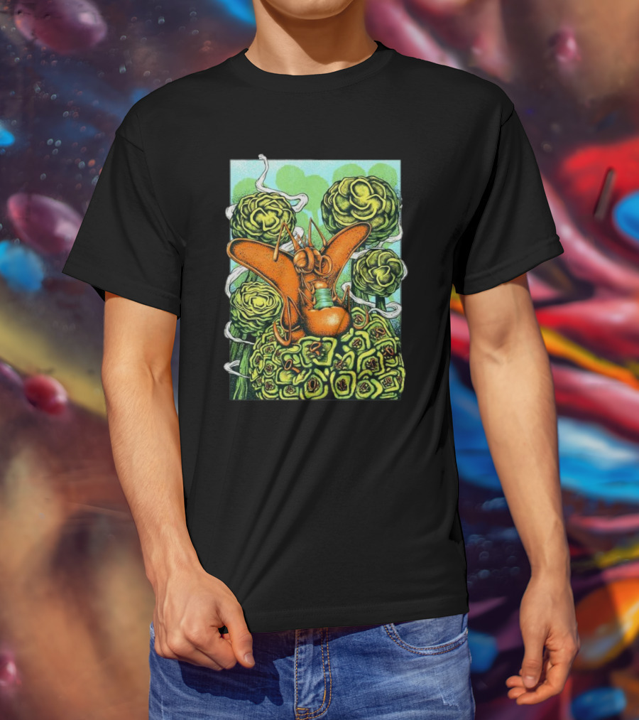Chill Fly On Vibrant Green Floral Background T-Shirt