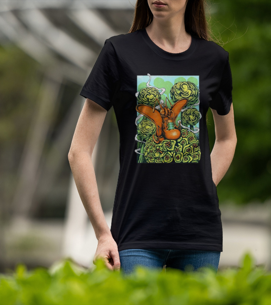 Chill Fly On Vibrant Green Floral Background T-Shirt