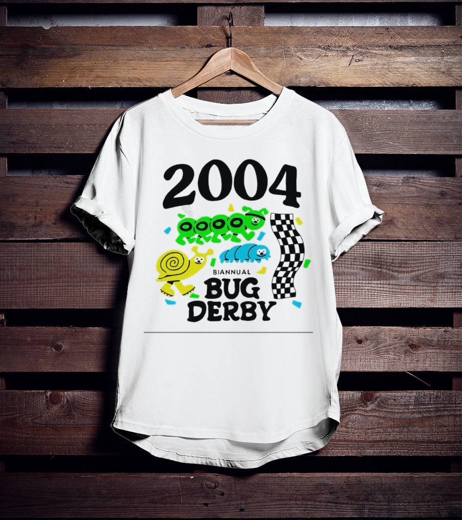 2004 Biannual Bug Derby Colorful Cartoon Caterpillars With Checkered Flag T-Shirt