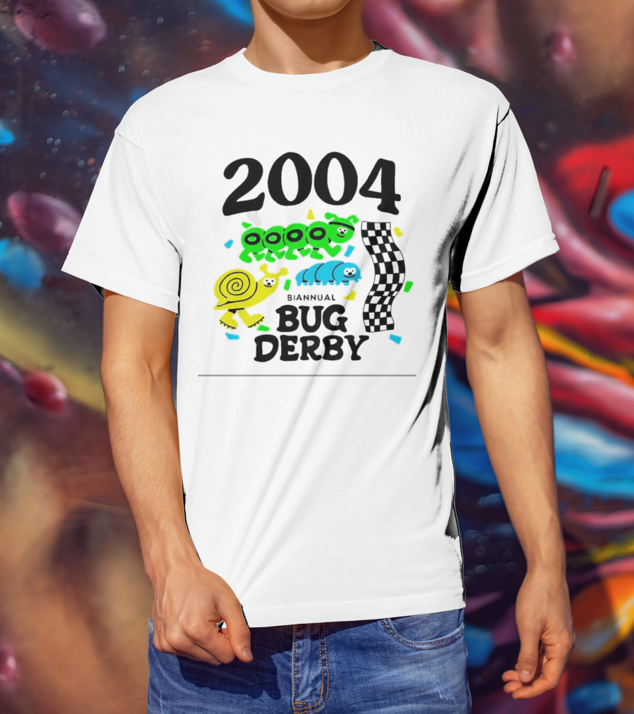 2004 Biannual Bug Derby Colorful Cartoon Caterpillars With Checkered Flag T-Shirt