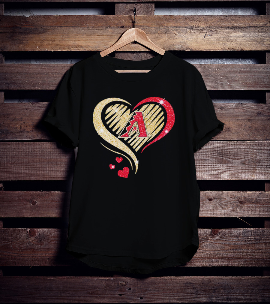 Arizona Diamondbacks Glitter Heart Design With Team Logo In Gold And Red T-Shirt