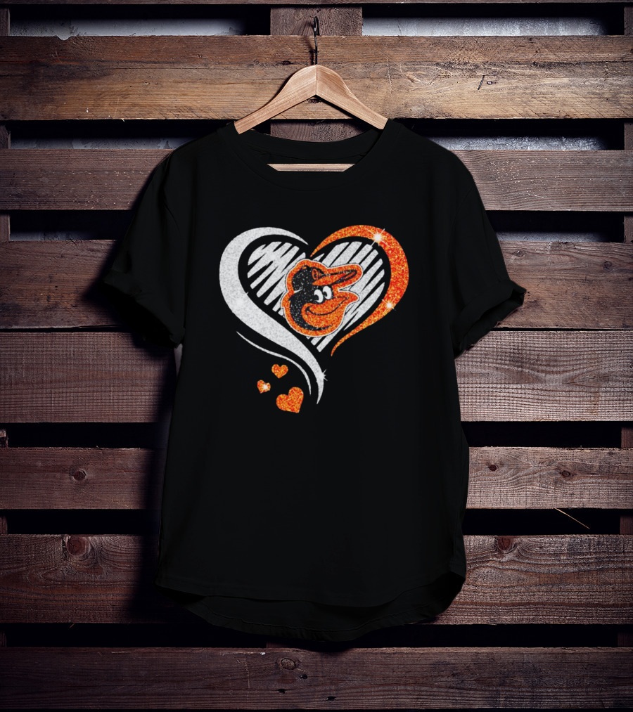 Baltimore Orioles Heart Shaped Logo With Orange Glitter Diamond T-Shirt