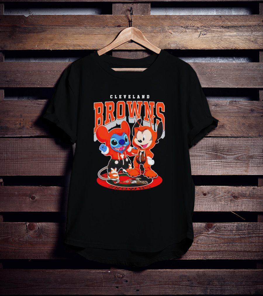 Cleveland Browns Mickey And Stitch Character Hoodie Fan T-Shirt