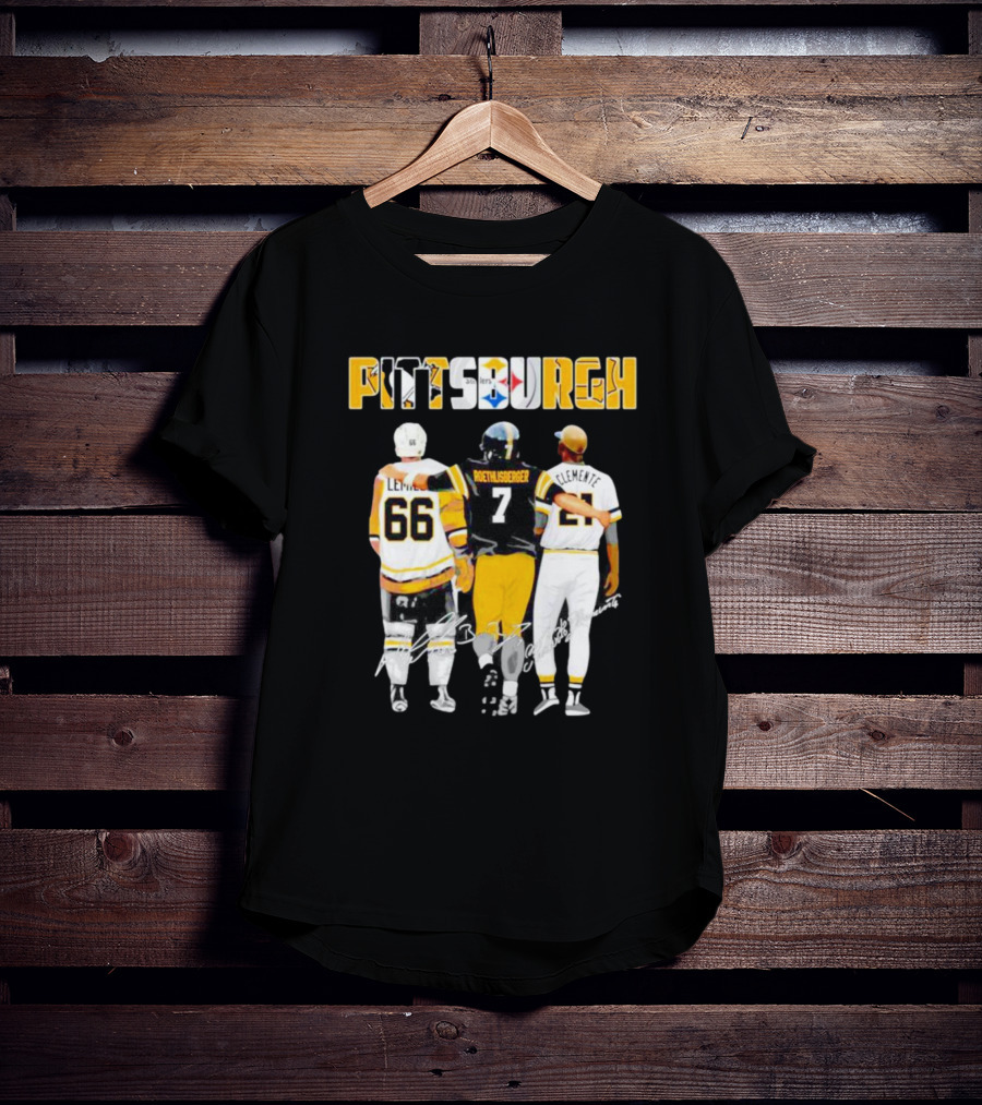 Pittsburgh Penguins Lemieux Steelers Roethlisberger Pirates Clemente Signature T-Shirt