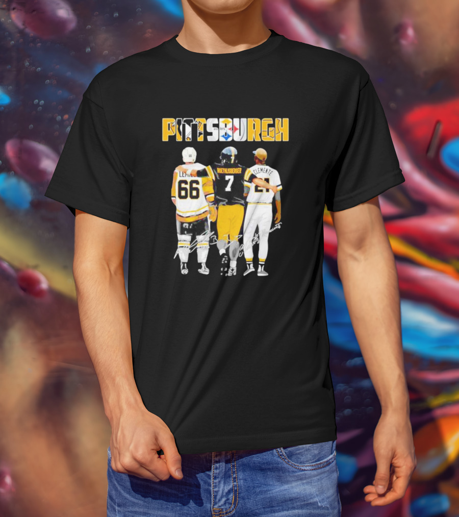 Pittsburgh Penguins Lemieux Steelers Roethlisberger Pirates Clemente Signature T-Shirt