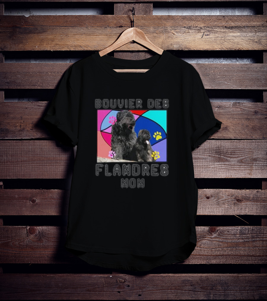 Bouvier Des Flandres Mom Colorful Paw Print Background T-Shirt