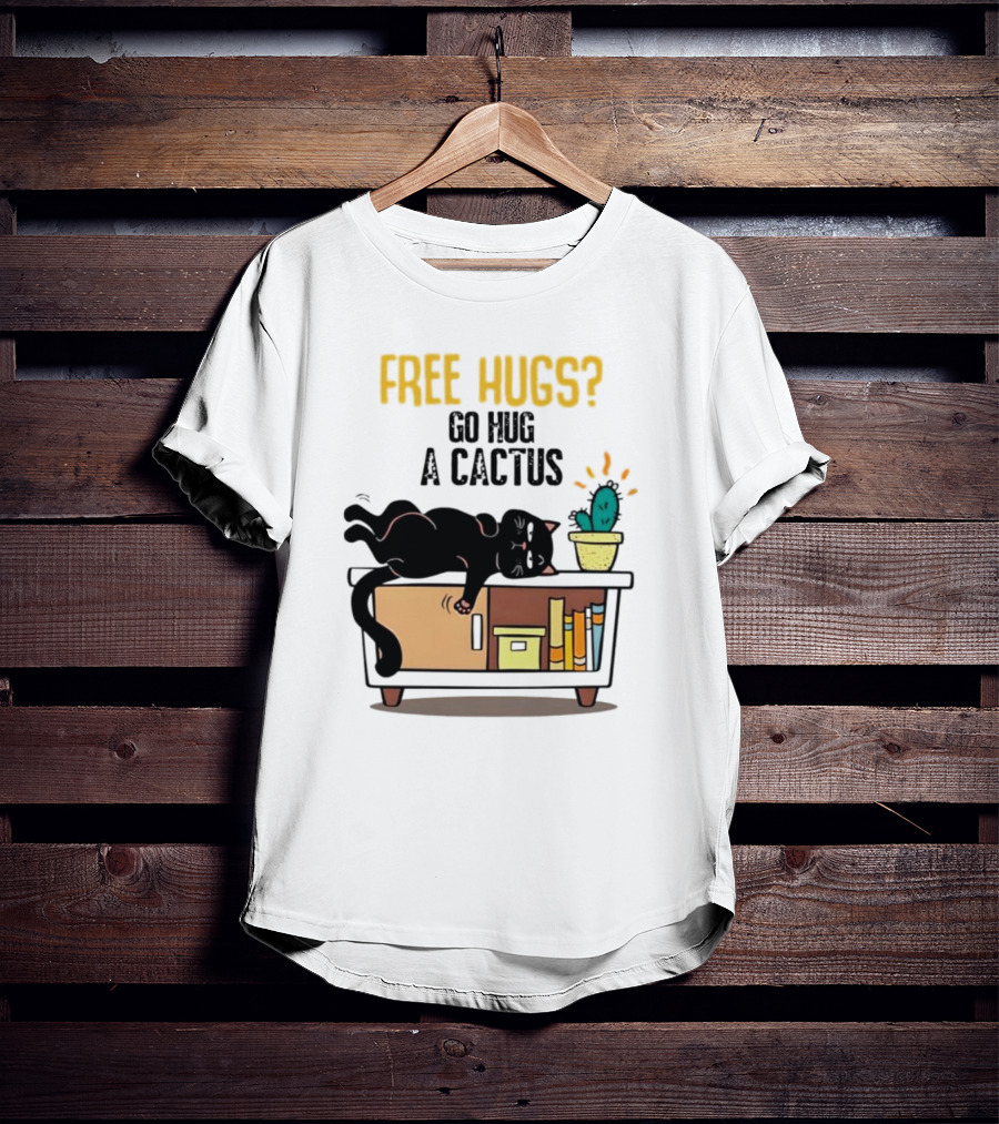 Free Hugs Go Hug A Cactus Cat On Shelf With Cactus And Books T-Shirt