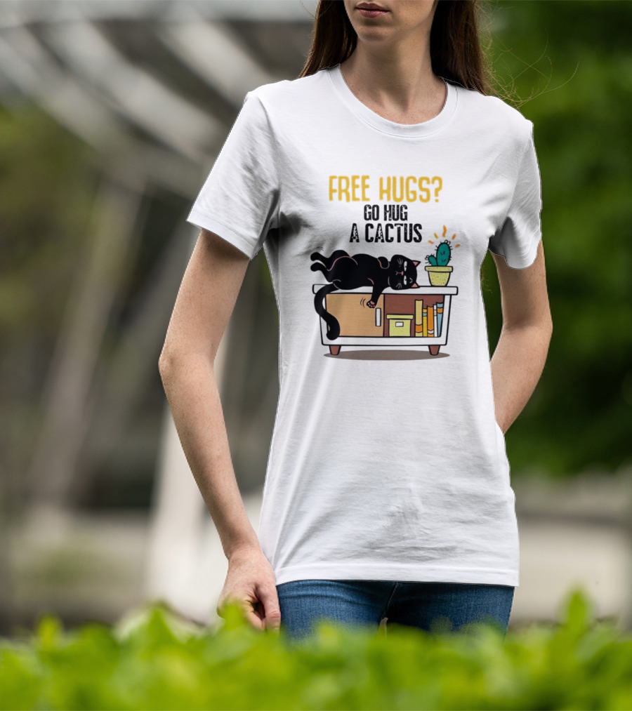 Free Hugs Go Hug A Cactus Cat On Shelf With Cactus And Books T-Shirt