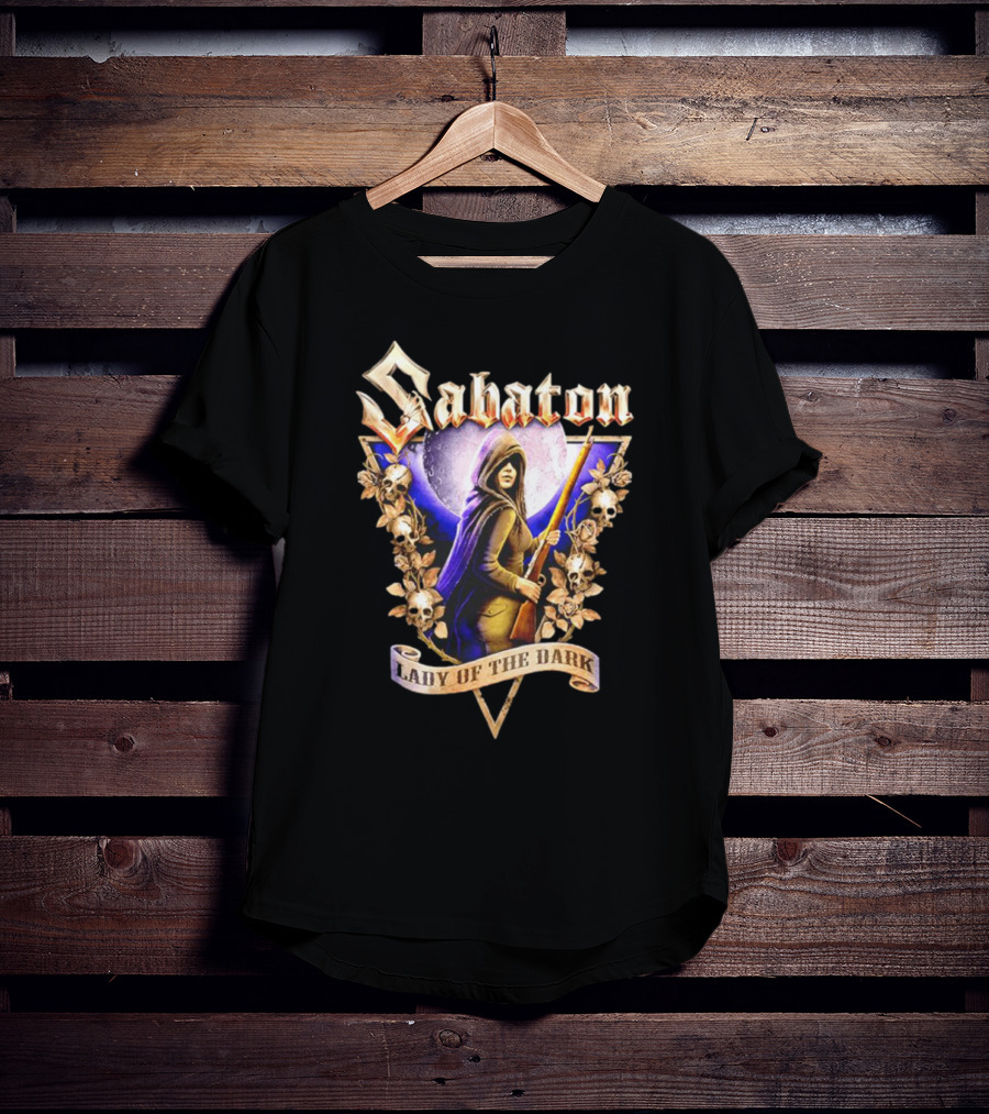 Sabaton Lady Of The Dark Hooded Figure With Floral Skull Motif T-Shirt