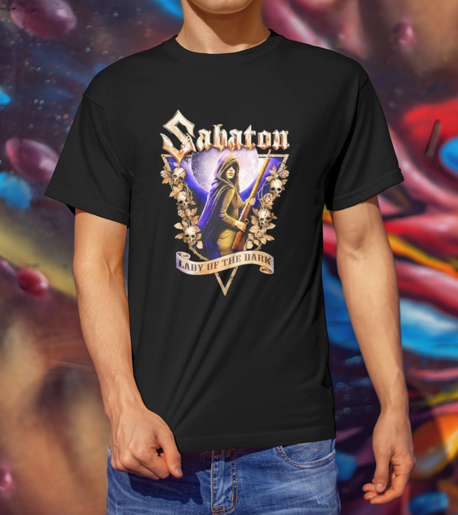 Sabaton Lady Of The Dark Hooded Figure With Floral Skull Motif T-Shirt