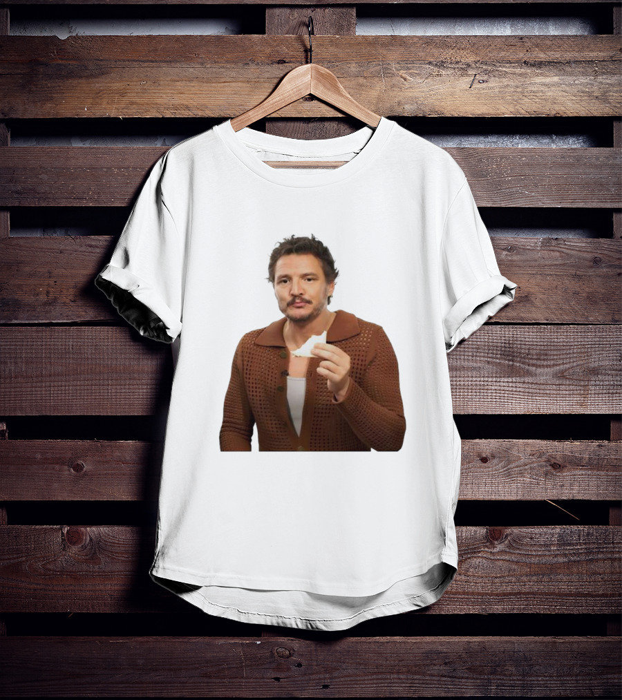 Pedro Pascal Holding Sandwich In Brown T-Shirt