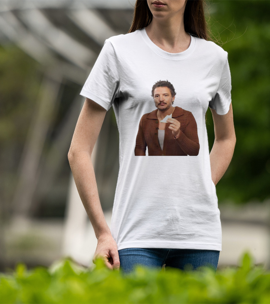 Pedro Pascal Holding Sandwich In Brown T-Shirt