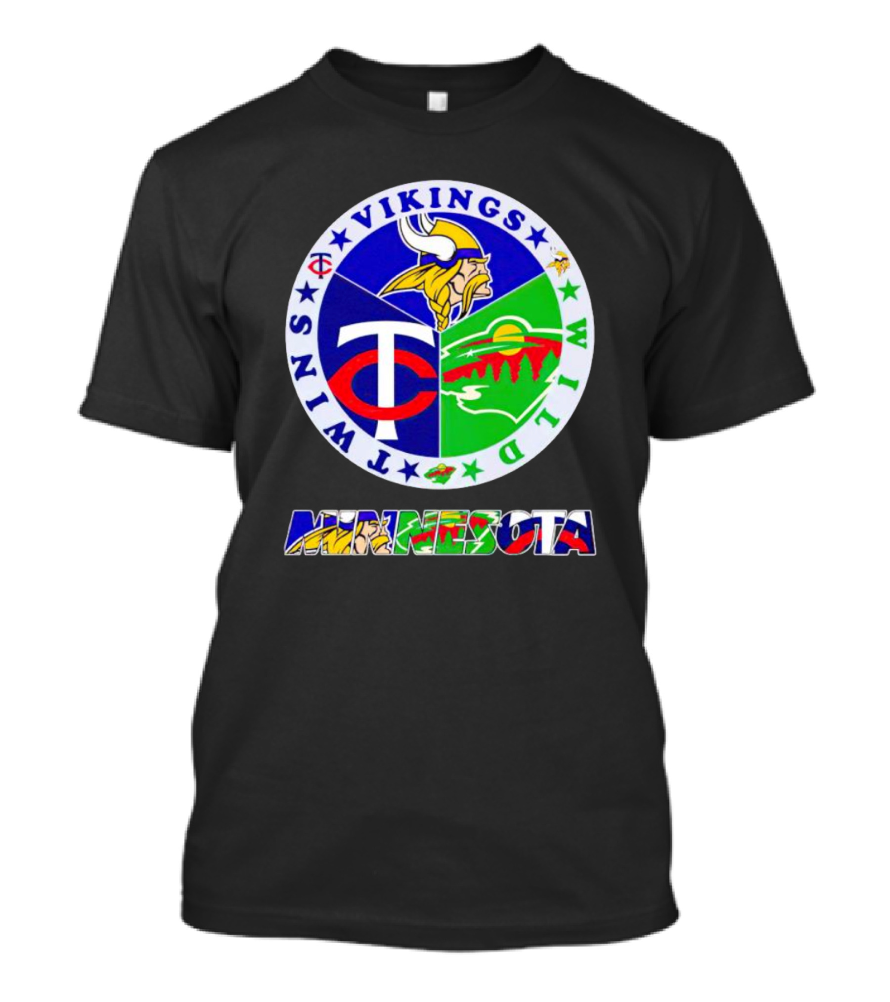 Minnesota Vikings Twins Wild Logos Circle And Colorful Minnesota Text T-Shirt