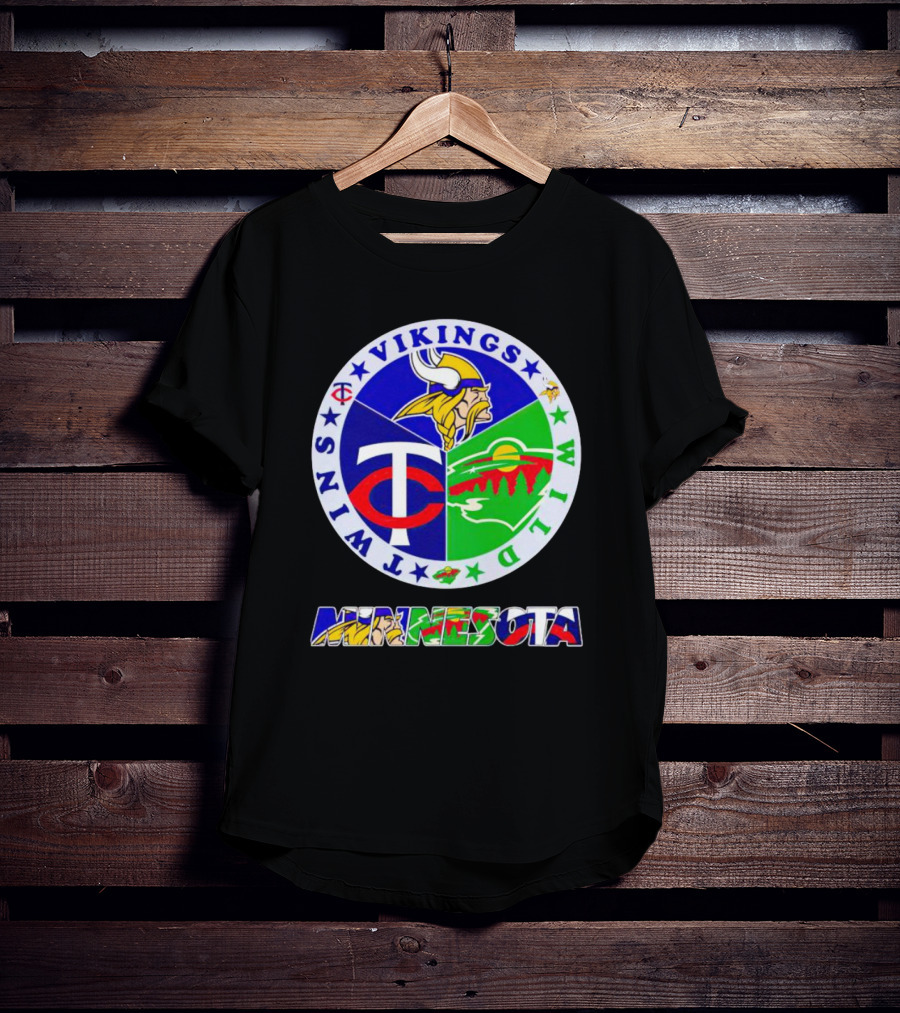 Minnesota Vikings Twins Wild Logos Circle And Colorful Minnesota Text T-Shirt