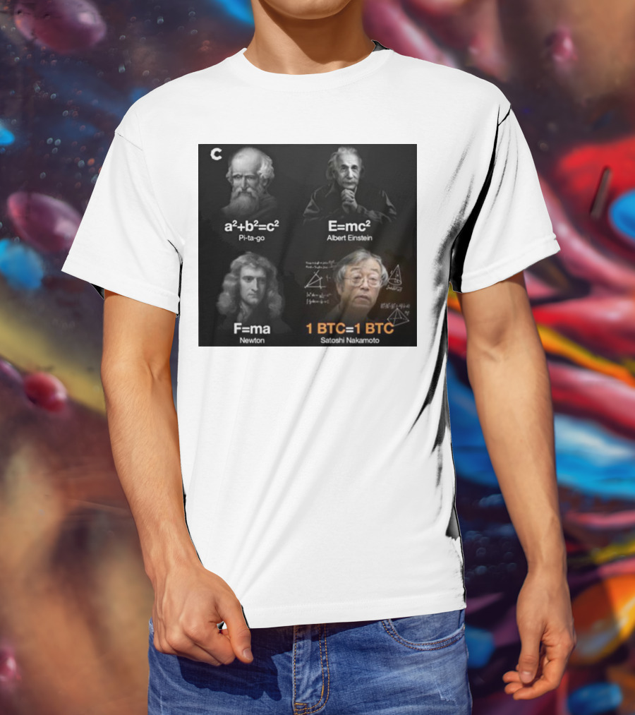 Pi-ta-go Albert Einstein Newton Satoshi Nakamoto A²+b²=c² E=mc² F=ma 1 BTC=1 BTC T-Shirt