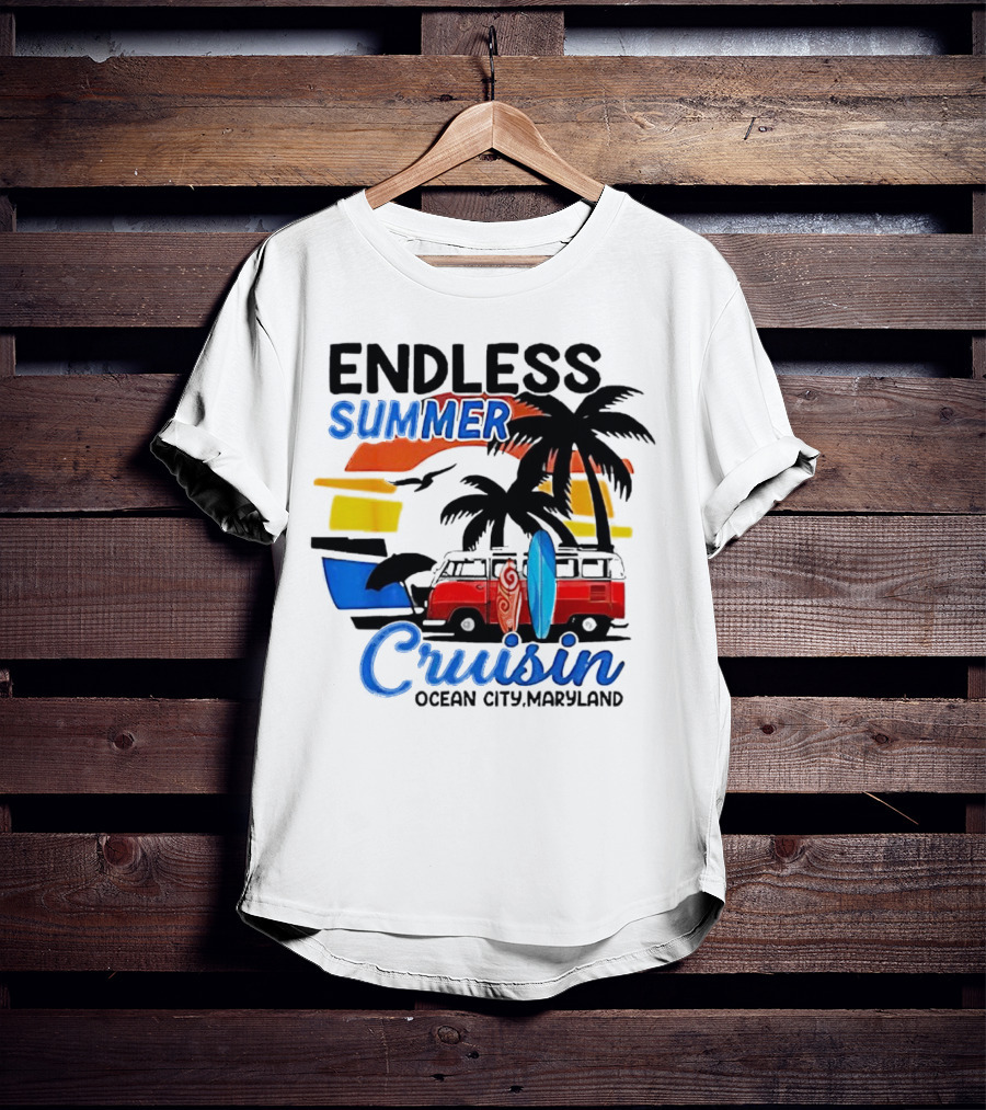 Endless Summer Cruisin Ocean City Maryland Vintage Sunset Surfboard Van Palm Trees T-Shirt