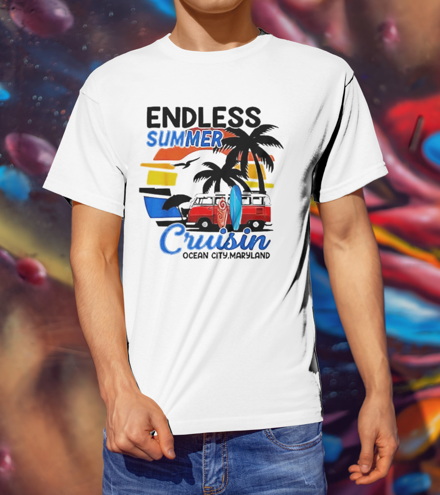 Endless Summer Cruisin Ocean City Maryland Vintage Sunset Surfboard Van Palm Trees T-Shirt