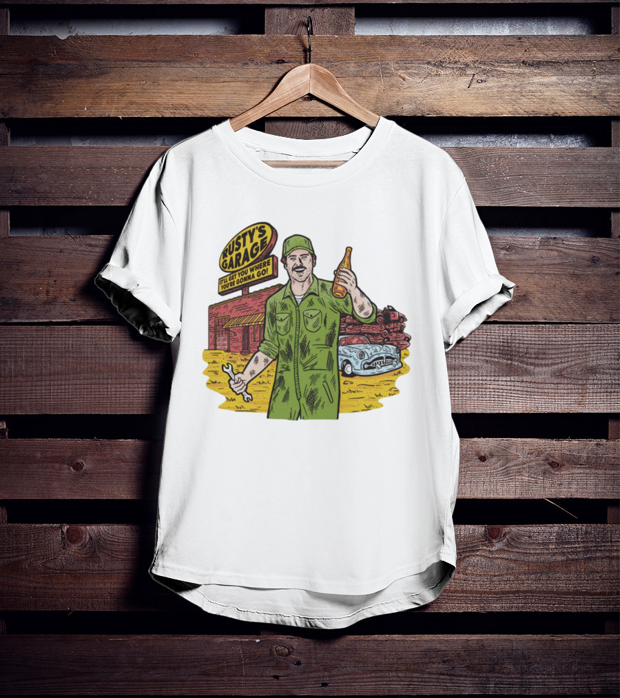 Rusty’s Garage It’ll Get You Where You’re Gonna Go Retro Mechanic Holding Wrench And Drink With Vintage Car And Workshop Scene T-Shirt