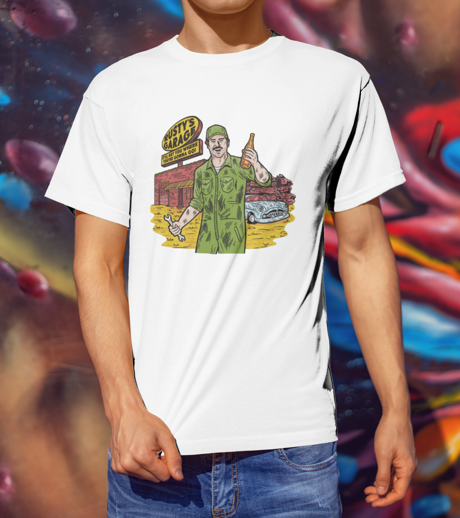 Rusty’s Garage It’ll Get You Where You’re Gonna Go Retro Mechanic Holding Wrench And Drink With Vintage Car And Workshop Scene T-Shirt