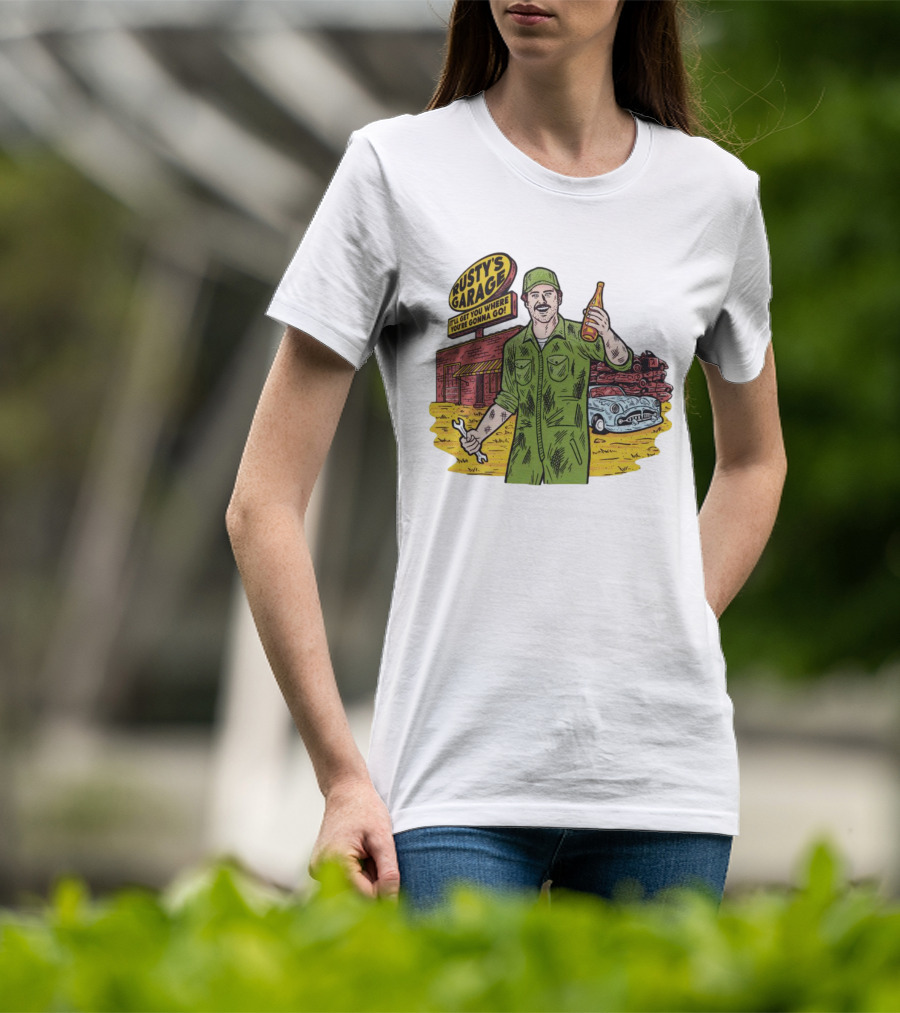 Rusty’s Garage It’ll Get You Where You’re Gonna Go Retro Mechanic Holding Wrench And Drink With Vintage Car And Workshop Scene T-Shirt