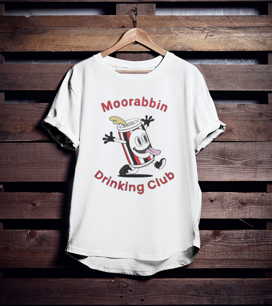 Moorabbin Drinking Club Cartoon Can With Tongue Out And Arms Raised T-Shirt