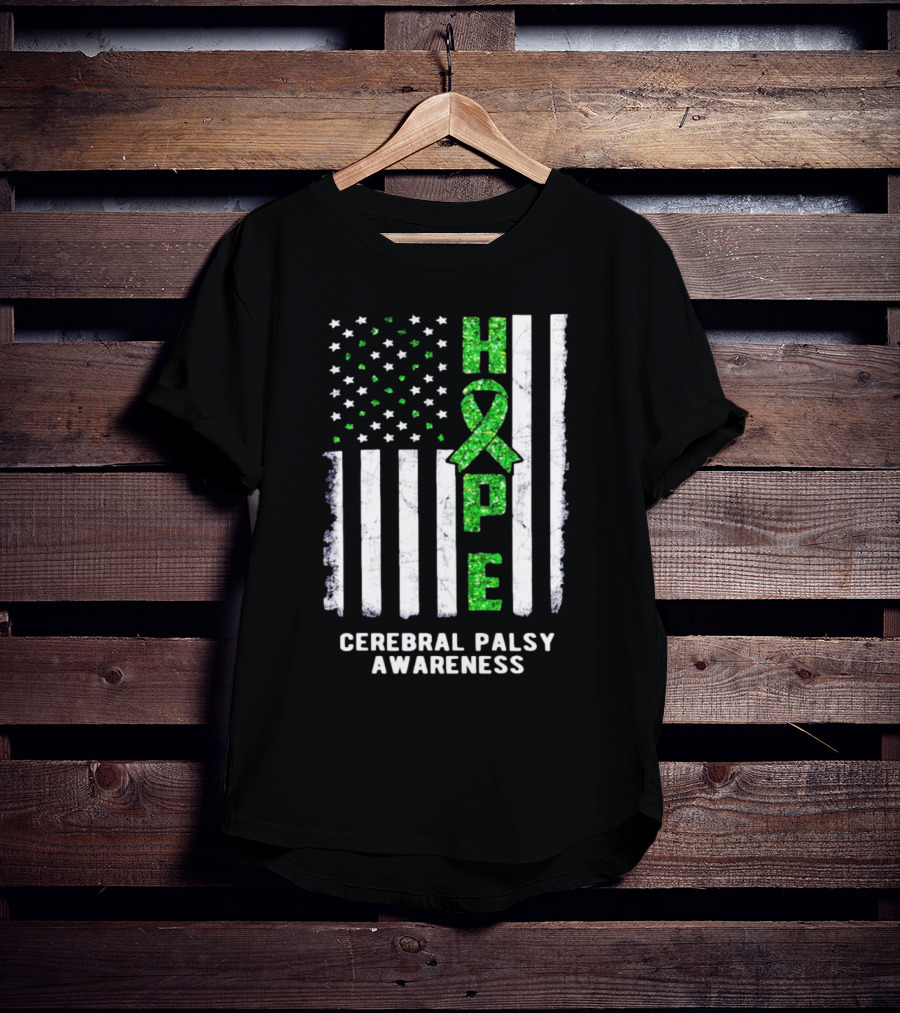 Hope American Flag Green Ribbon Cerebral Palsy Awareness T-Shirt