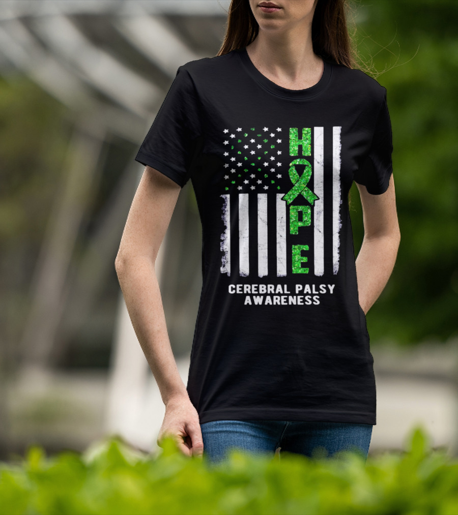 Hope American Flag Green Ribbon Cerebral Palsy Awareness T-Shirt
