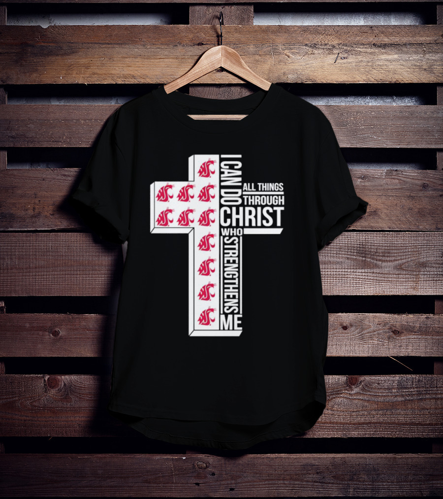 Washington State Cougars Logo I Can Do All Things Through Christ Cross T-Shirt
